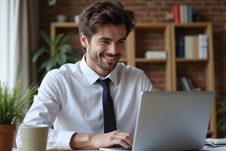 Happy student completing online course enrollment