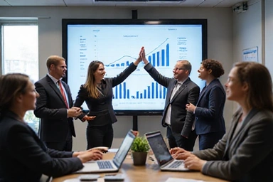 Team celebrating success in office
